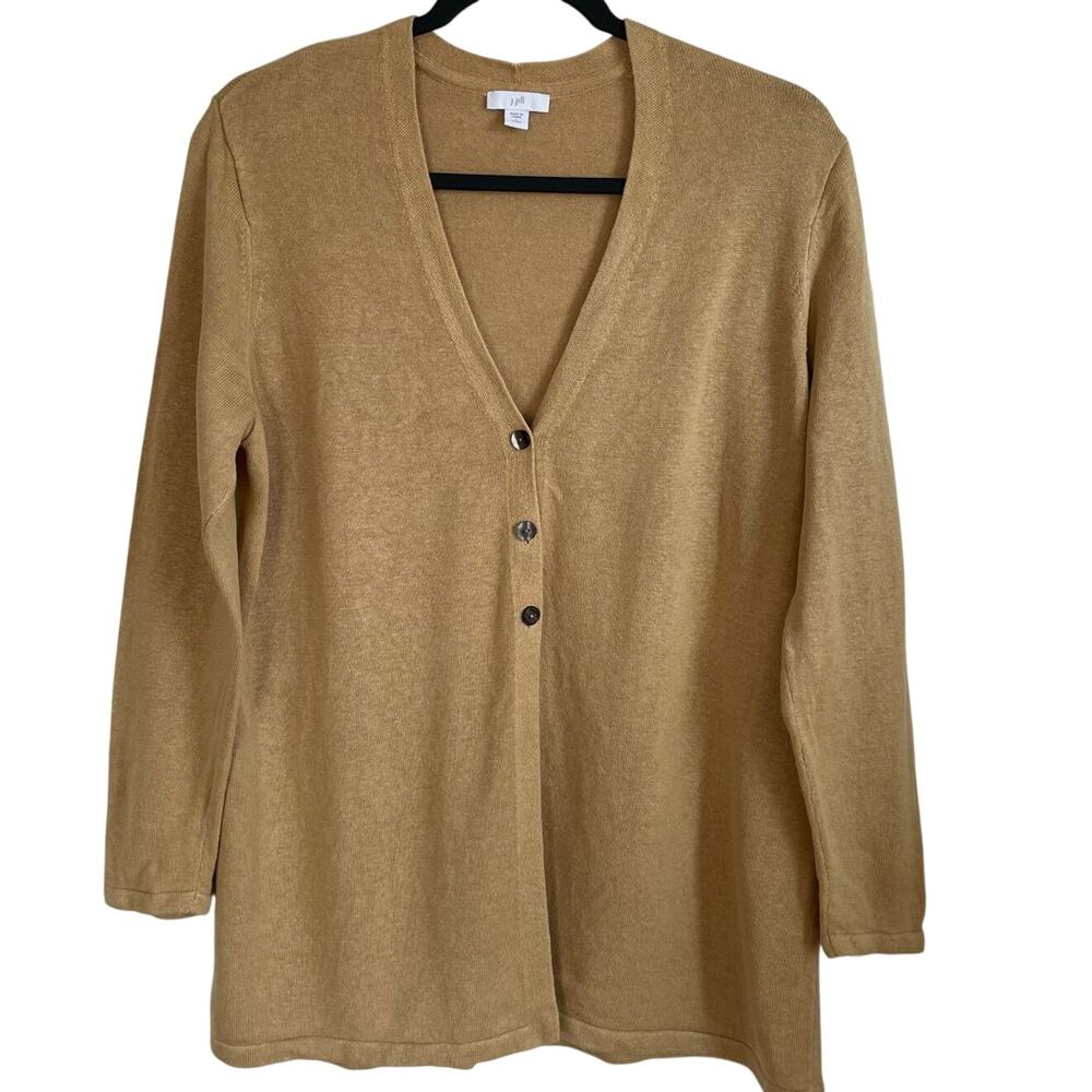 J. Jill Linen Blend V-Neck Cardigan Sweater Sz LP Long Sleeves Tan Neutral